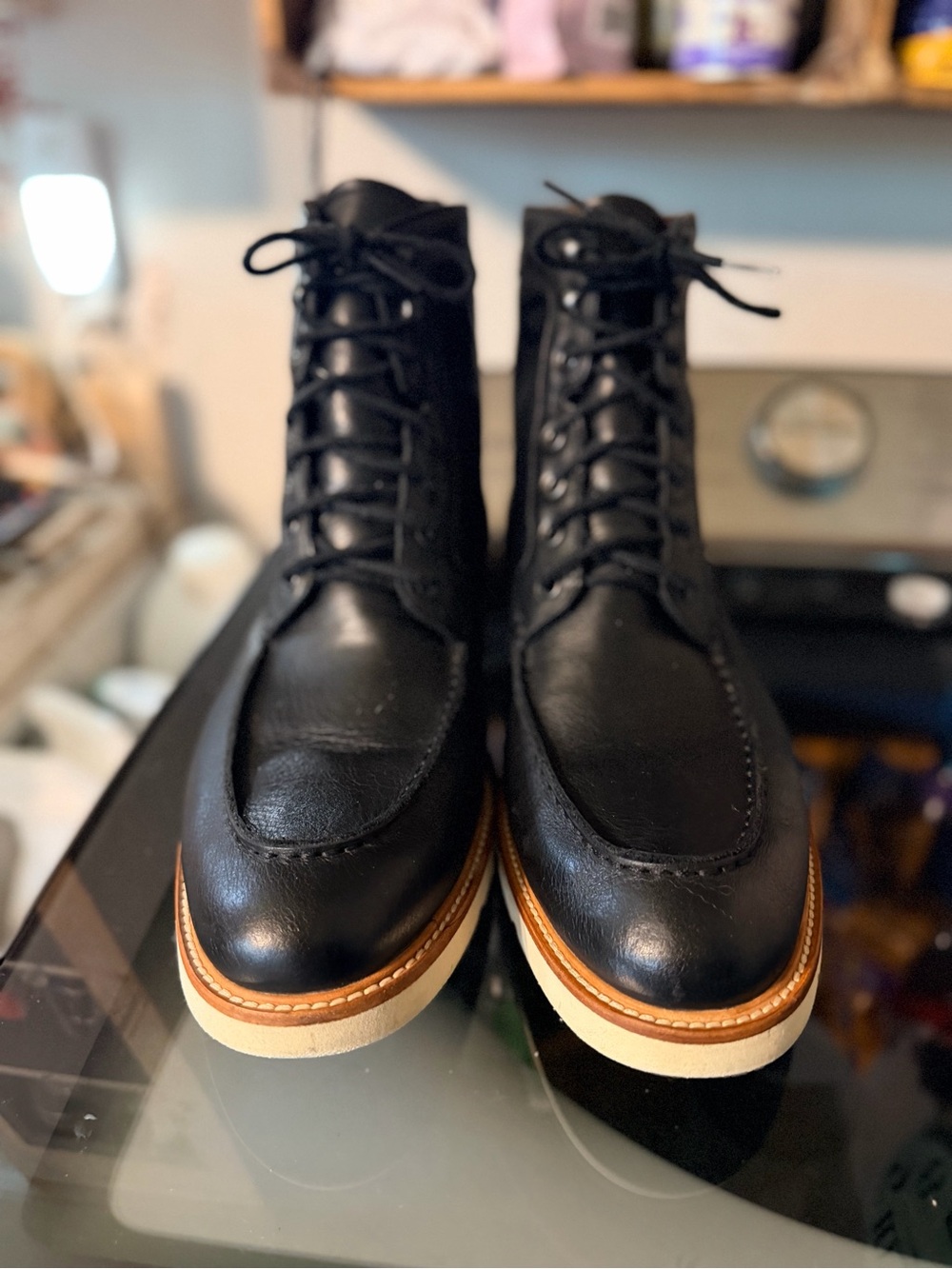 Nisolo Mateo Black Leather Moc Toe Boots Men’s Size 13 Vibram Wedge Sole